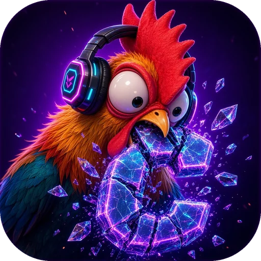 Lucky Cluck Games icon: a wide-eyed neon rooster biting a crystal letter C